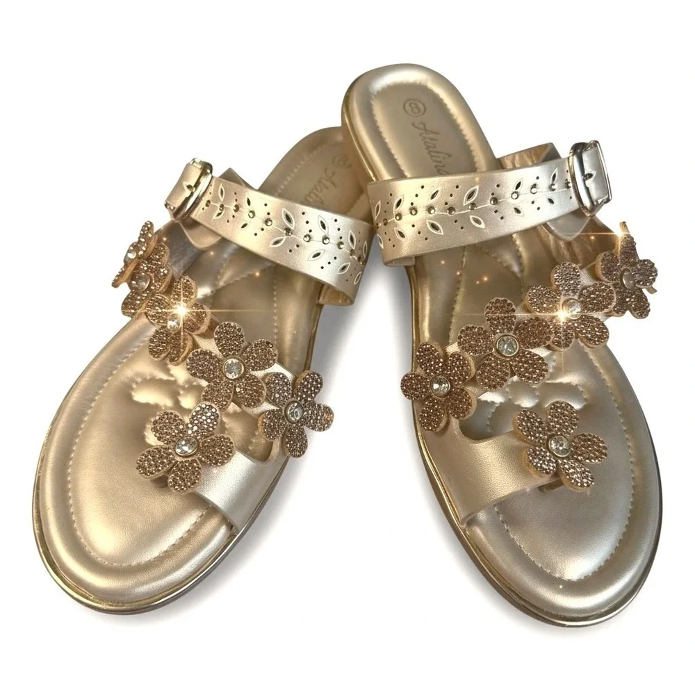 Womens Flower Rhinestones Thong Sandals Sz 8 Gold Summer Coquette Beach Vacation